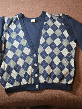 Vintage Graff Californiawear Size XL Argyle Sweater 90s Silver Gray Blue